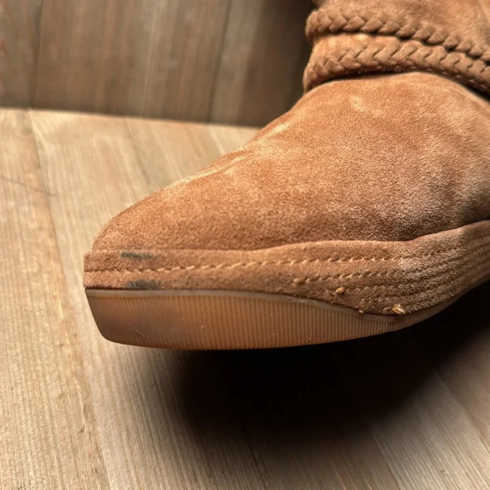 Suede Wool Lined Mid-Calf Boots Tan Ankle Strap Accent‎ size 9 Cozy Tara M Zoe